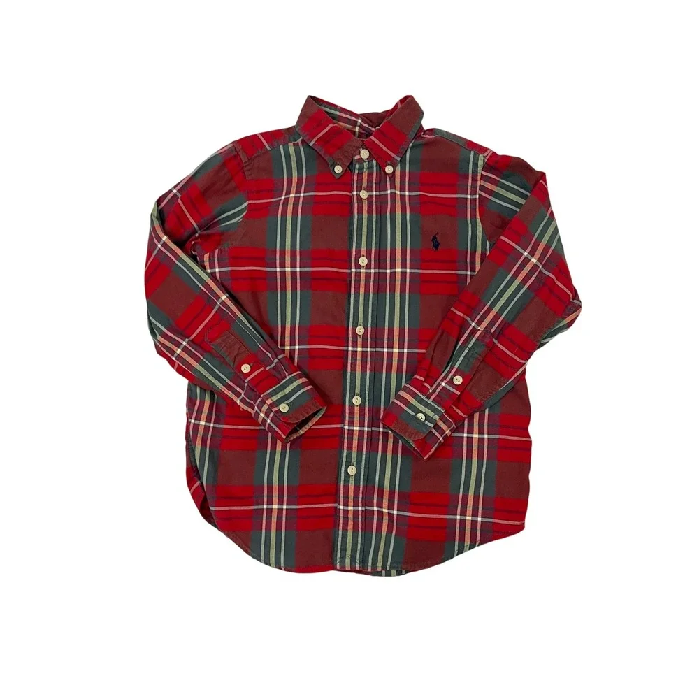 Ralph Lauren Kids Red Green Plaid Button Down Shirt Boys Sz 6 Cotton Long Sleeve